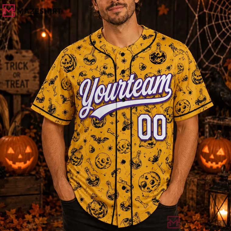 Halloween Spooky Pumpkin Skull Custom Name Number Baseball Jersey Halloween Spooky Pumpkin Skull Custom Name Number Baseball Jersey