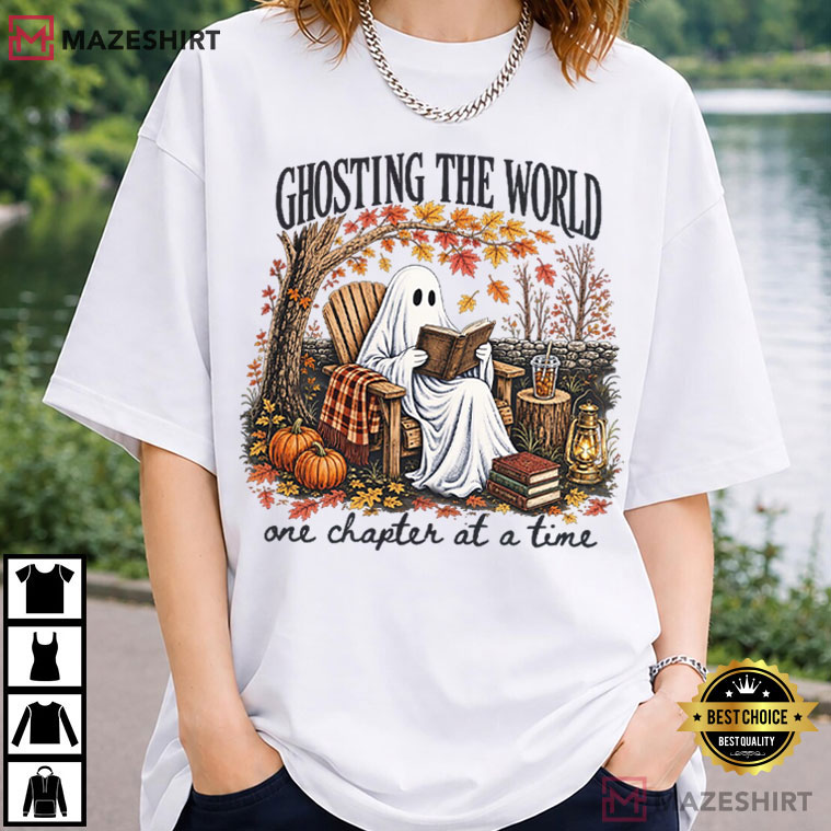 Halloween Ghosting The World Trendy Ghost Reading T-Shirt Halloween Ghosting The World Trendy Ghost Reading T-Shirt
