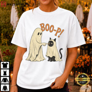 Boo P Ghost Cat Funny Halloween Black Cat Spooky Season T Shirt (1)