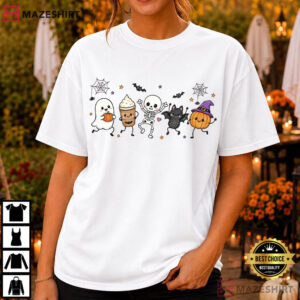 Cute Halloween Doodles Spooky Ghost Skeleton Pumpkin T Shirt (1)
