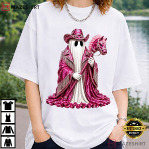 Halloween Pink Glitter Cowgirl Ghost Pink Western T Shirt (1)