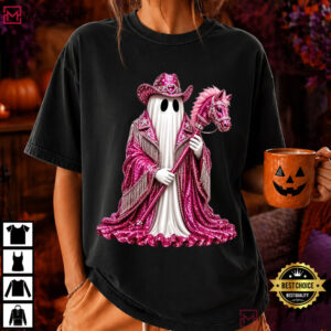 Halloween Pink Glitter Cowgirl Ghost Pink Western T Shirt (2)
