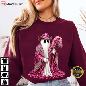 Halloween Pink Glitter Cowgirl Ghost Pink Western T Shirt (3)