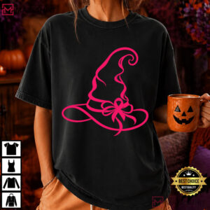Breast Cancer Awareness Witch Hat Pink Ribbon Halloween T Shirt (4)