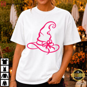 Breast Cancer Awareness Witch Hat Pink Ribbon Halloween T Shirt (1)