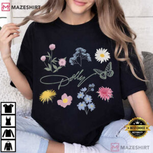 Dolly Parton Signature Encircled By Butterfly And Flowers T Shirt (1)