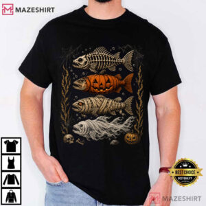 Halloween Fishing Trout Fish Ghost Pumpkin Skeleton Funny T Shirt (1)
