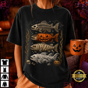 Halloween Fishing Trout Fish Ghost Pumpkin Skeleton Funny T Shirt (2)