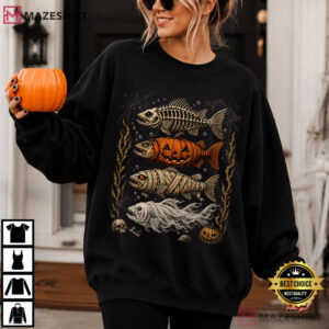 Halloween Fishing Trout Fish Ghost Pumpkin Skeleton Funny T Shirt (3)