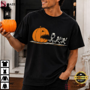 Skeletons Running From Pumpkin Funny Halloween T Shirt (1)