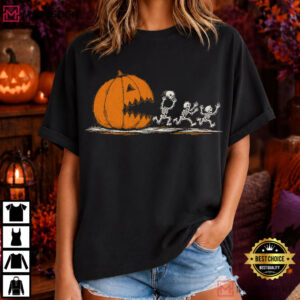 Skeletons Running From Pumpkin Funny Halloween T Shirt (3)