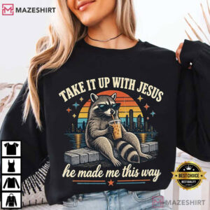 Grunge Raccoon Holding Bubble Tea Take It Up With Jesus T Shirt (2)