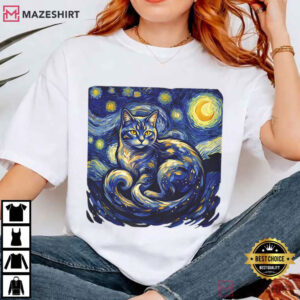 Starry Night Cat Van Gogh Style Night Sky Cat T Shirt (4)