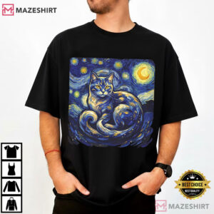 Starry Night Cat Van Gogh Style Night Sky Cat T Shirt (1)