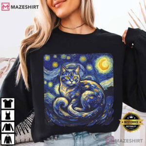 Starry Night Cat Van Gogh Style Night Sky Cat T Shirt (3)