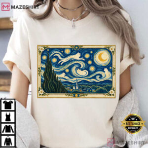 Van Gogh Cat Vintage Art Black Cat Starry Night T Shirt (1)