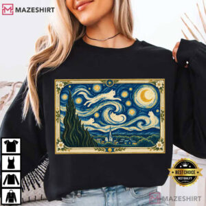 Van Gogh Cat Vintage Art Black Cat Starry Night T Shirt (2)