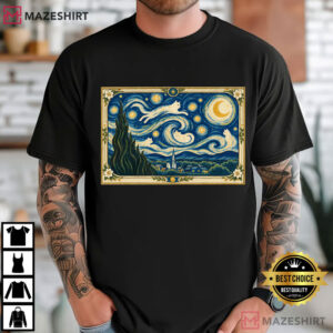 Van Gogh Cat Vintage Art Black Cat Starry Night T Shirt (3)