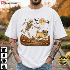 Halloween Pug Dog Funny Skeleton Spooky T Shirt (2)