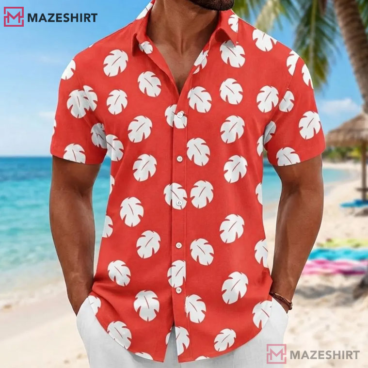 Disney Lilo Cosplay Lilo And Stitch Red Tropical Leaf Button T-Shirt Disney Lilo Cosplay Lilo And Stitch Red Tropical Leaf Button T-Shirt