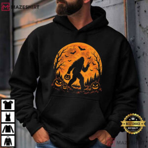 Halloween Bigfoot Sasquatch Pumpkin Orange Moon Bats T Shirt (4)