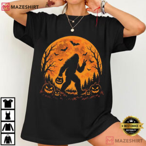 Halloween Bigfoot Sasquatch Pumpkin Orange Moon Bats T Shirt (2)