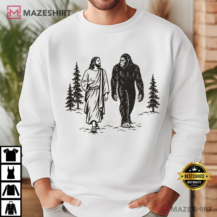 Bigfoot Meets Jesus Christian Funny Faith Camping T-Shirt Bigfoot Meets Jesus Christian Funny Faith Camping T-Shirt