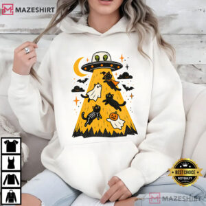 Alien Abduction Halloween Cats Funny UFO Black Cat T Shirt (4)