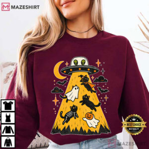 Alien Abduction Halloween Cats Funny UFO Black Cat T Shirt (1)