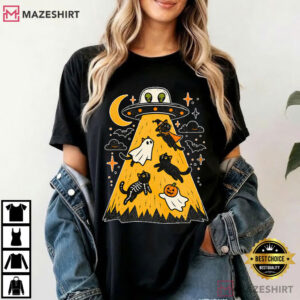 Alien Abduction Halloween Cats Funny UFO Black Cat T Shirt (2)