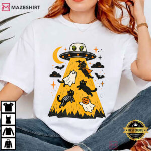 Alien Abduction Halloween Cats Funny UFO Black Cat T Shirt (3)