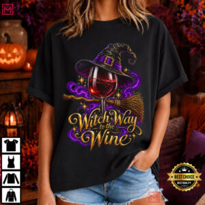 Halloween Witch Way To The Wine Spooky Drinking T Shirt (2)