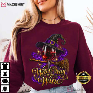 Halloween Witch Way To The Wine Spooky Drinking T Shirt (3)