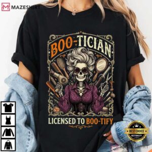 Womens Boo Tician Halloween Hair Stylist Skeleton Hairdresser T Shirt (1)