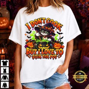 Halloween I Don't Cook But I Love To Stir The Pot Funny Witch Cat T Shirt (1)