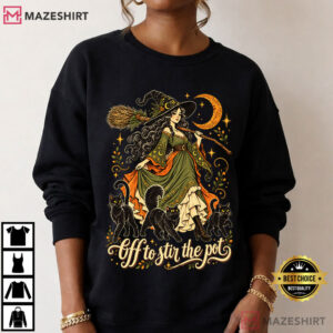 Black Cat Witch Off To Stir The Pot Halloween Spooky T Shirt (3)