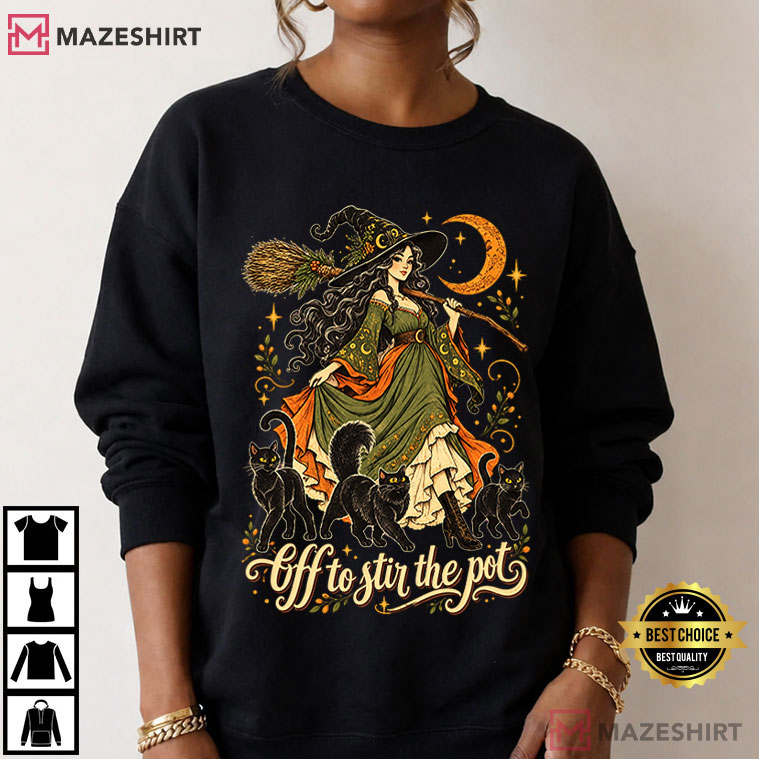Black Cat Witch Off To Stir The Pot Halloween Spooky T-Shirt Black Cat Witch Off To Stir The Pot Halloween Spooky T-Shirt