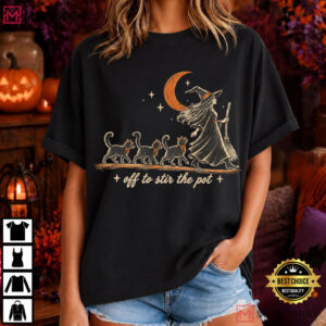 Witch Cat Off To Stir The Pot Vintage Halloween T Shirt (1)