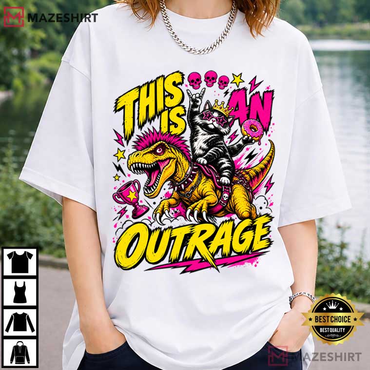 Dungeon Crawler Carl This Is An Outrage Funny Cat Riding Dinosaur T-Shirt Dungeon Crawler Carl This Is An Outrage Funny Cat Riding Dinosaur T-Shirt