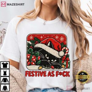 Grumpy Black Cat Festive Funny Christmas Cat Sarcastic Holiday T Shirt (4)