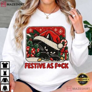 Grumpy Black Cat Festive Funny Christmas Cat Sarcastic Holiday T Shirt (2)