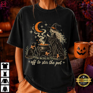 Black Cat Off To Stir The Pot Witch Halloween Spooky Season Gift T Shirt (1)