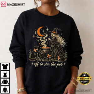 Black Cat Off To Stir The Pot Witch Halloween Spooky Season Gift T Shirt (2)