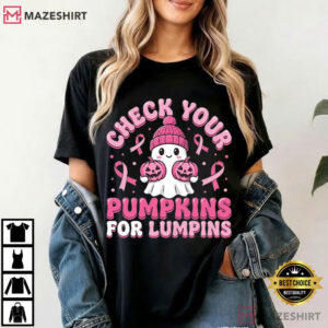 Breast Cancer Halloween Check Your Pumpkins Pink Ribbon Boo Ghost T Shirt (4)