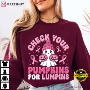 Breast Cancer Halloween Check Your Pumpkins Pink Ribbon Boo Ghost T Shirt (3)