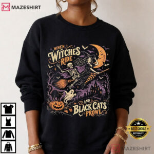 When Witches Ride Black Cats Prowl Halloween Vintage Witch T Shirt (4)