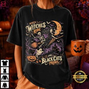 When Witches Ride Black Cats Prowl Halloween Vintage Witch T Shirt (1)