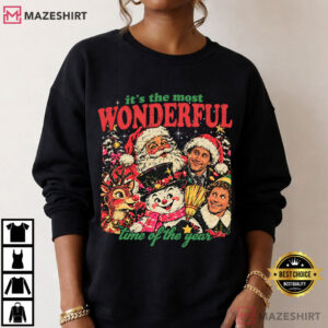 Christmas Character Collage Vintage Halftone Santa Snowman Reindeer T Shirt (2)