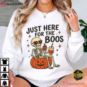 Just Here For The Boos Funny Skeleton Halloween Pumpkin T Shirt (3)