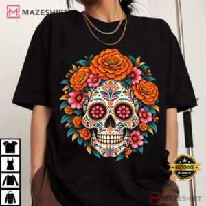 Floral Sugar Skull Day Of The Dead Dia De Los Muertos T Shirt (1)